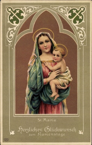 Embossed Passepartout Postcard congratulations name day, Mary with Jesus