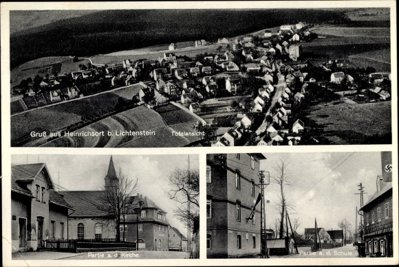 Ansichtkaart Heinrichsort Lichtenstein in Saksen, school, kerk, overzicht van het dorp, luchtfoto