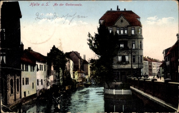 Ak Halle an der Saale,  An der Gerbersaale, Wasserstraße, Gebäude, Bäume