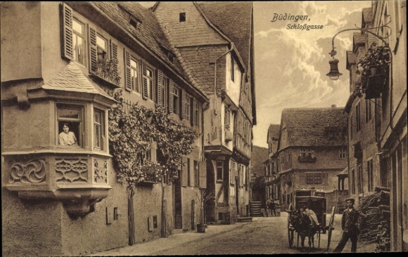 Postcard Büdingen in Hesse, Schlossgasse, donkey cart