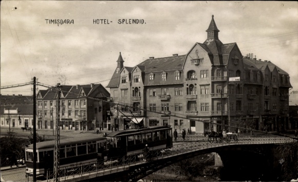 Photo Postcard Timișoara Temesvár Timisoara Romania, Hotel Splendid, tram