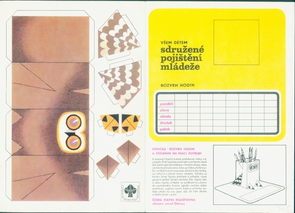 Timetable advertising, sdružené pojištění mládeže, craft instructions owl, pen holder