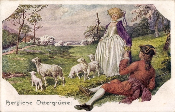 Künstler Ak Glückwunsch Ostern, Liebespaar, Lämmer