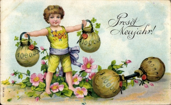 Embossed PC Happy New Year, Child with Money Bags, Flowers, Four-leaf Clover