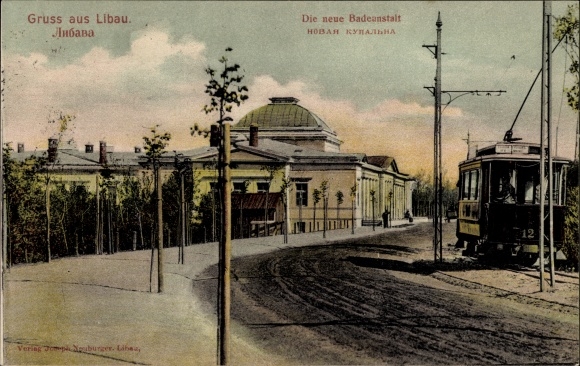 Postcard Liepaja Libau Latvia, New bathhouse, tram