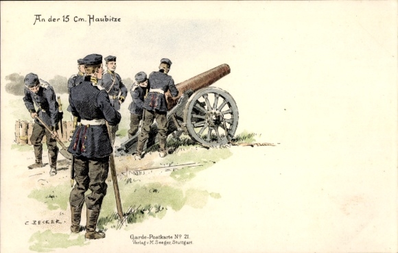 Kunstenaar Ak Becker, Carl, bij de 15cm Houwitser, Duitse Artillerie