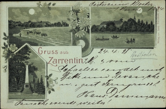 Moonlight litho Zarrentin at Schaalsee, war memorial, lake motif