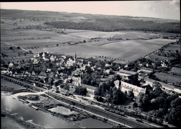 Postcard Horhausen Obertheres Theres in Lower Franconia, black and white photo of a rural area with a river, St...
