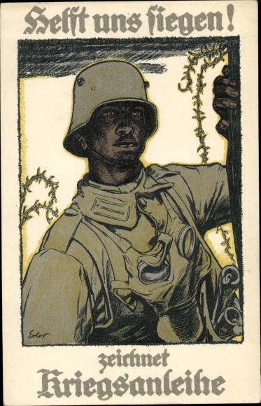 Künstler Ak Erler, Helft uns siegen, zeichnet Kriegsanleihe, Soldat in Stahlhelm mit Gasmaske, I. WK