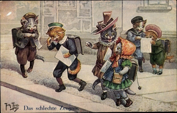 Artist Postcard Thiele, Arthur, Humanized Cats, The Bad Report