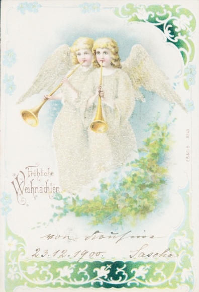Glitter litho Gefeliciteerd Kerstmis, engelen die trompetten spelen