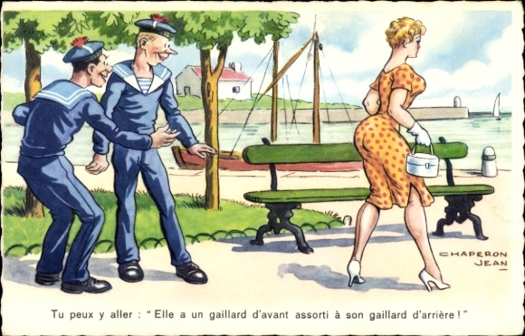 Artist Postcard Chaperon, Jean, French sailors admiring a beautiful woman
