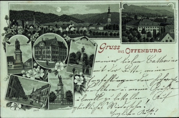 Moonlight Chromo-Litho Offenburg in Baden Black Forest, Oken Monument, Drake Monument, City Hall, Bahnhofstrasse