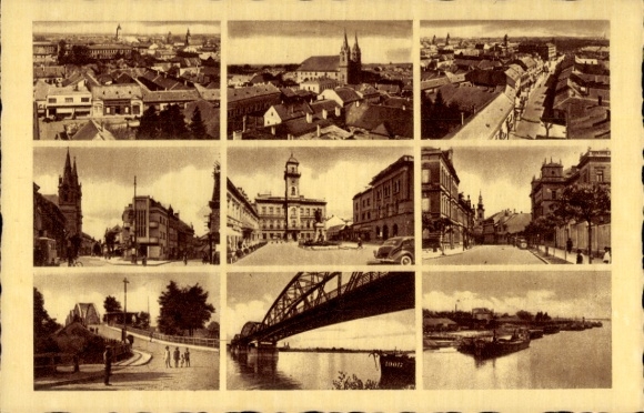 KP Komárom Komorn Węgry, pejzaże miejskie, most, ulice, budynki, samochody