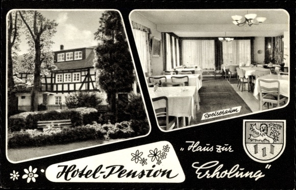 Ansichtkaart Flammersfeld in het Westerwald, hotel-pension voor recreatie, eetkamer, wapenschild