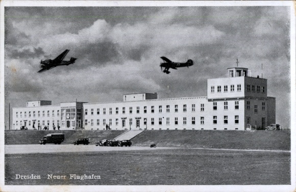Postcard Dresden Klotzsche, New Airport, Truck, Airplanes in the Air