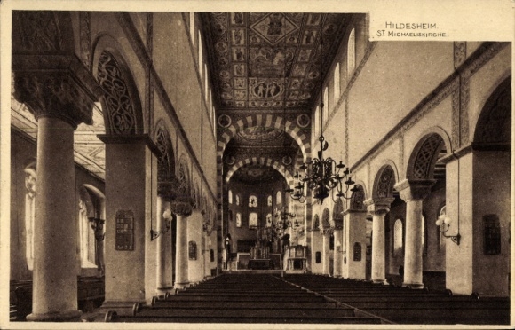 Picture PC Hildesheim in Lower Saxony, St. Michaelis Church, interior view, columns, ceiling painting