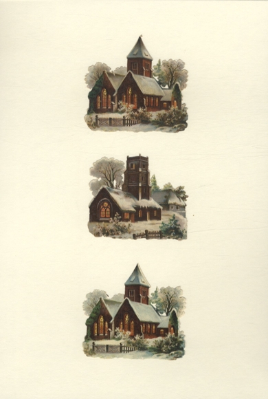 3 wafers churches with illuminated windows in a winter landscape, each approx. 7 x 8 cm