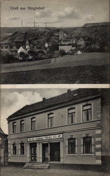 Ak Hergisdorf in Sachsen Anhalt, Gesamtansicht, Geschäftshaus Gustav Metz