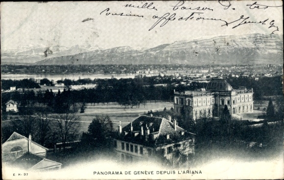 KP Genewa, Szwajcaria, panorama widoku z Ariany, góry w tle, budynki