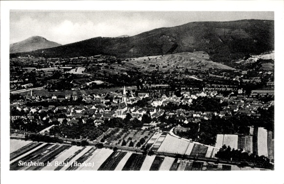 Postcard Sinzheim in Baden, aerial view of mountain landscape, houses, fields