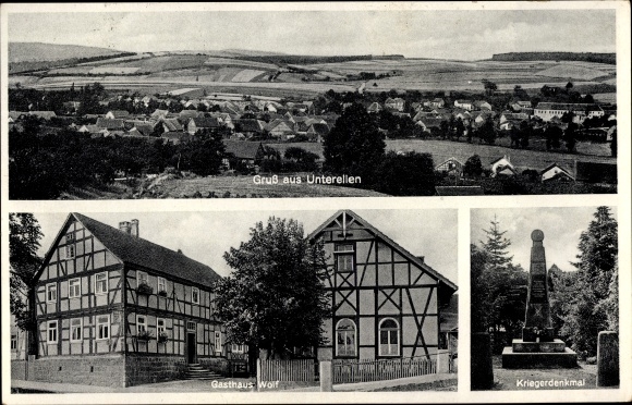 Postcard Unterellen Gerstungen in Thuringia, war memorial, Inn Wolf, view of the town