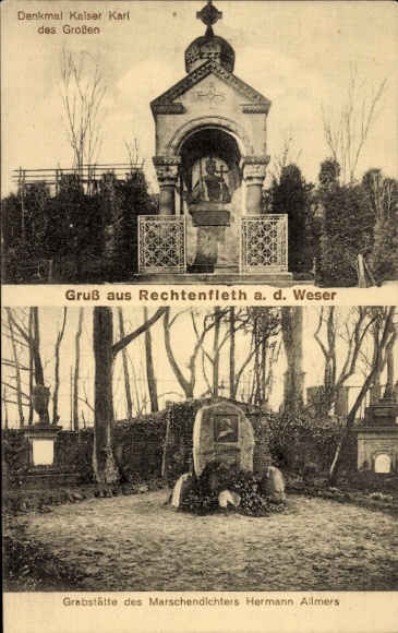 Postcard Rechtenfleth Hagen im Bremischen, Herrmann-Allmers-Grab, Monument to Emperor Charlemagne