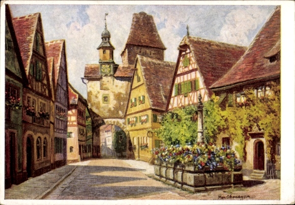 Artist Postcard Ohmayer, Max, Rothenburg ob der Tauber Middle Franconia, view into the Rödergasse