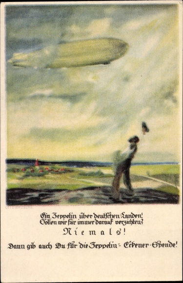 Kunstenaar ansichtkaart Amtberg, Otto, Zeppelin Eckener donatie, zwaaiende man, luchtschip