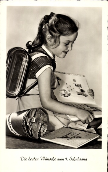 Postcard Best wishes for the first year of school, girl with school bag, candy cone, notebooks