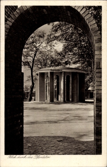 Postcard Magdeburg on the Elbe, view through the Pferdetor, German Theater Exhibition 1927