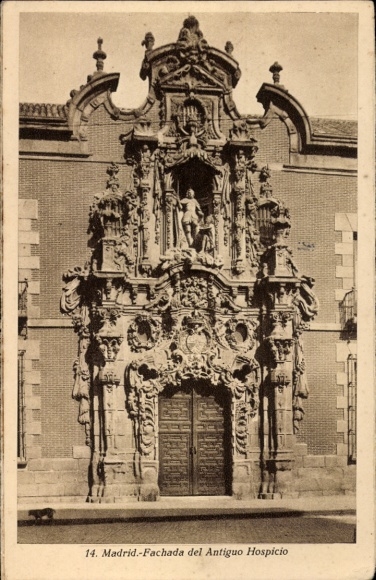 Postcard Madrid Spain, facade of the Antiguo Hospicio in ornate decorations, no people