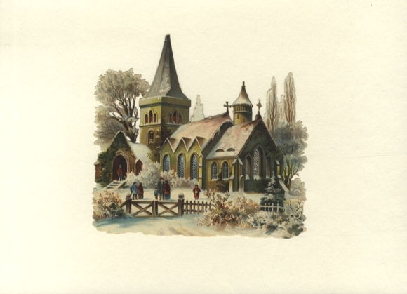 Oblate Church in a winter landscape, approx. 14 x 15 cm