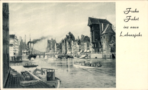 Artist Postcard Pawlowski, A., Gdańsk, Long Bridge with Crane Gate