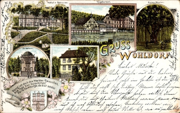 litho Hamburg Wohldorf Ohlstedt, Hotel zur Schleuse, Kupferhof, mausoleum, landhuis, Siebenbuchen