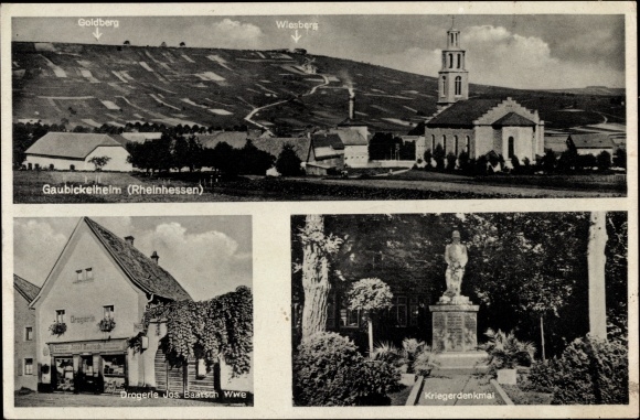 KP Gau Bickelheim w Rheinhessen, panorama, kościół, Goldberg, Wiesberg, apteka, pomnik wojenny