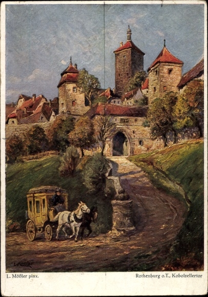 Artist PC Mößler, L., Rothenburg ob der Tauber Middle Franconia, Kobolzellertor, mail coach