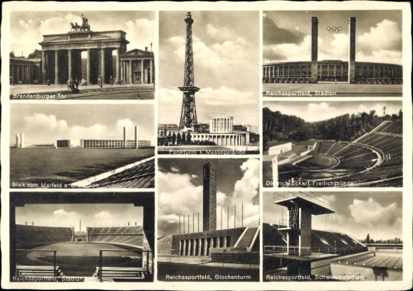 Ak Berlin, Reichssportfeld, Dietrich Eckhart Freilichtbühne, Stadion, Funkturm, Brandenburger Tor