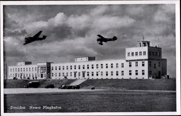 Postcard Dresden Klotzsche, new airport, truck, planes in the air