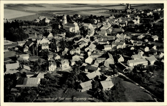 Postcard Birnbach in the Westerwald, aerial view of Birnbach, church, residential buildings, rural surroundings