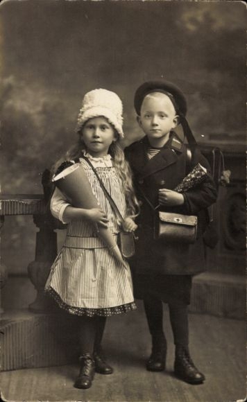 Photo Postcard school start, children with candy cone, Vera and Hans Grigorieff