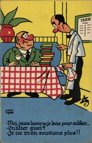 Artist Postcard Man in Restaurant, Waiter, Plate, Humor