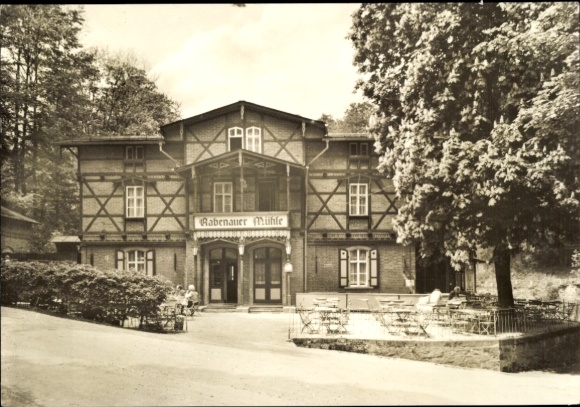 Postcard Rabenau in the Ore Mountains, Rabenauer Mill, historic restaurant, surrounding view, garden chairs