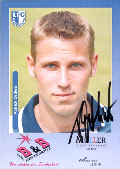 Handtekeningkaart voetballer Patrick Ortlieb, 1. FC Magdeburg, handtekening