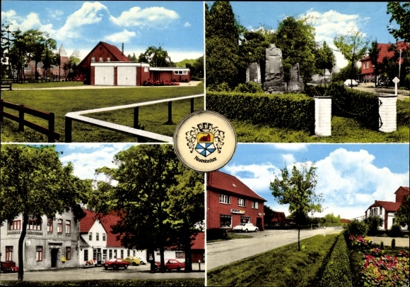 Postcard Neuenkirchen bei Bassum Kreis Diepholz, detailed views, coat of arms, memorial