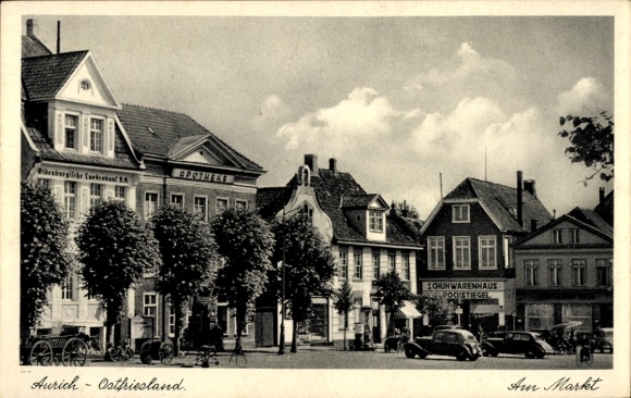 Postcard Aurich in East Frisia, market, German House, shoes, state office, pharmacy