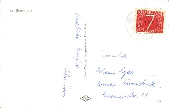 Postcard steamship SS Statendam, Holland America Line HAL