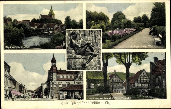 Postcard Mölln, systems at the water gate, view of the church, main street