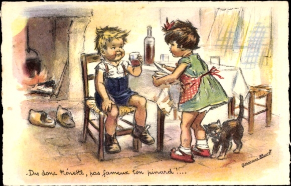 Artist Postcard Bouret, Girl and boy at the table, wine glass, living room, cat, fireplace