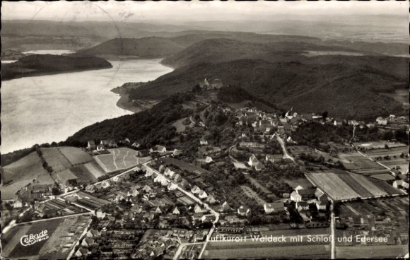 Postcard Waldeck am Edersee Hesse, aerial view of Edersee, castle, mountains, dam
